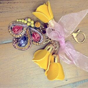 Handbag charm/keychain roses and gem butterfly. Yellow & colorful gems.